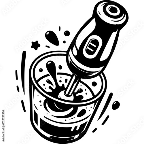 Hand immersion blender grinds fruit smoothie in glass in monochrome. Simple minimalistic vector in black ink drawing on transparent background