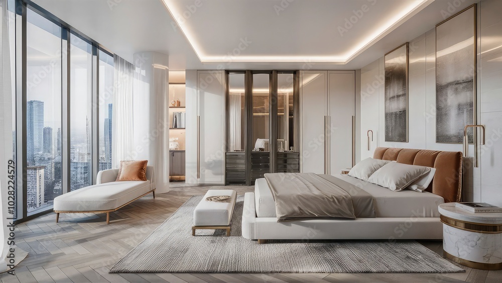 Fototapeta premium A bedroom with a bed and a door that leads to a balcony.