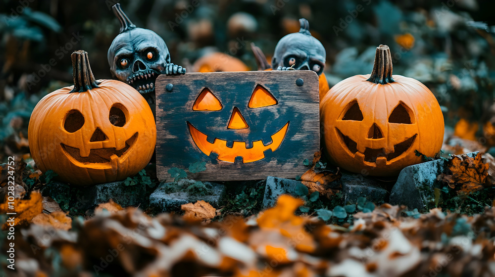 Jack-O'-Lantern with spooky decorations in autumn leaves. Jack-O'-Lantern with spooky decorations in autumn leaves.