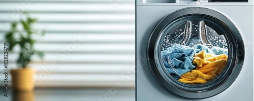 Spinning laundry inside a washing machine with splashes of water, detailed interior view, laundry wash, cleaning action