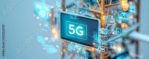 Telecommunication tower with vibrant 5G signal, glowing network connections, smart city and big data concept, 5G antenna, digital connectivity photo