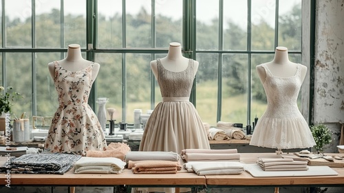 Designer s studio with mannequins in elegant dresses, fabrics scattered across worktables, large glass windows revealing nature outside, fashion atelier, creativity photo