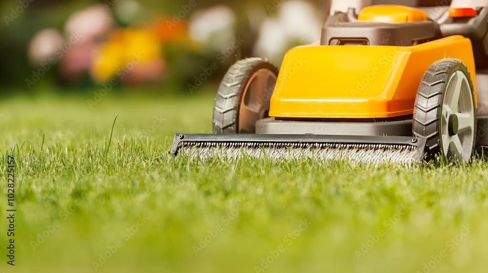 Fototapeta premium Modern lawn mower slicing through tall grass, sun-drenched garden, focus on precision and efficiency in garden care, lawn care, summer gardening