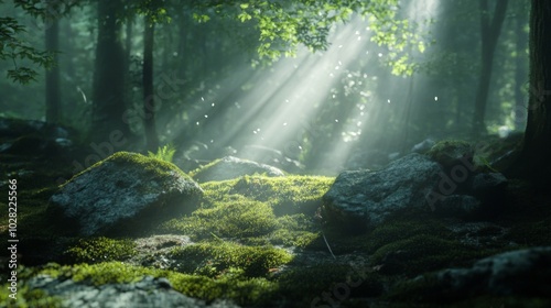 Sunbeams Illuminating Moss-Covered Rocks in a Forest