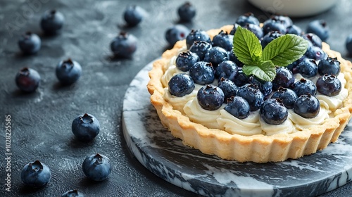 Blueberry tart with vanilla custard cream on a marble board Top view Copy space : Generative AI photo