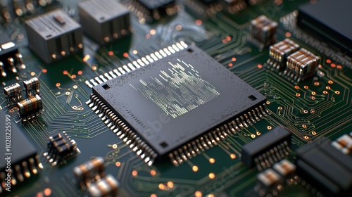 Close up of a CPU Chip on a Motherboard with Data Flow