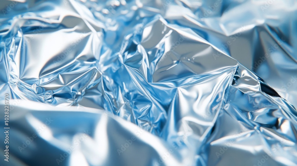 Abstract Close-Up of Wrinkled Silver Foil with Blue Hues Abstract Close-Up of Wrinkled Silver Foil with Blue Hues