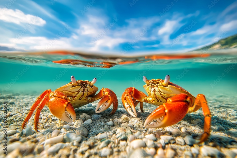 Two crabs underwater in clear turquoise water with pebbles.