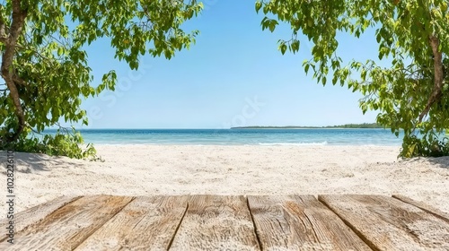 Fototapeta Naklejka Na Ścianę i Meble -  Tropical Beach Landscape with Wooden Plank   Summer Vacation Background