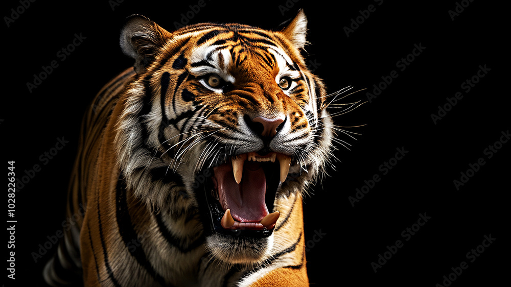 Naklejka premium Close-up of the head of an aggressive tiger ready to attack. Wild animal showcasing its impressive teeth and intense gaze. Perfect for banner, cover, interior design, poster, brochure, presentation