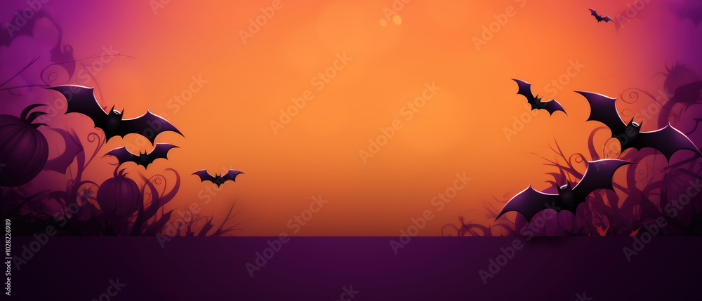 A Halloween background illustration, lantern pumpkins and flying bats silhouettes above purple-orange gradient colored. A Halloween background illustration, lantern pumpkins and flying bats silhouettes above purple-orange gradient colored.