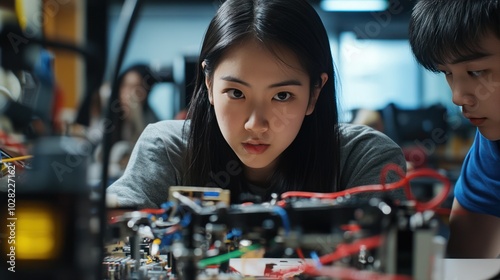 An Asian woman in a robotics lab, working on a high-tech robot with her team, adjusting the circuits and testing the movements, showcasing innovation in STEM photo