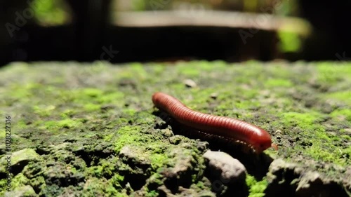 The Scarlet Millipede on a Slow Trek Over Mossy Terrain photo