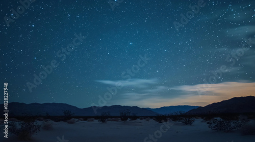 A serene night sky filled with stars over a quiet desert.