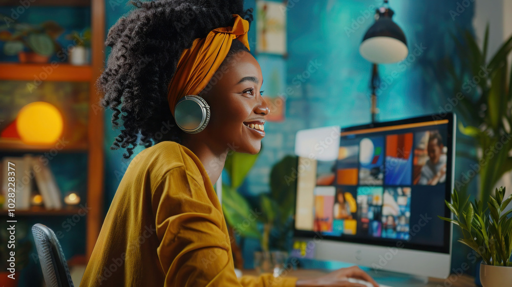 Smiling watching television in office Smiling watching television in office