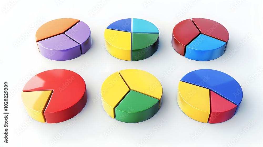 3D Pie Chart Icons in Different Colors and Variations on White Background. 3D Pie Chart Icons in Different Colors and Variations on White Background.