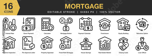 Mortgage icon set. Editable Stroke Icon Collection. Includes calculator, closing costs, down payment, equity, home inspection, and More. Outline icons vector collection.