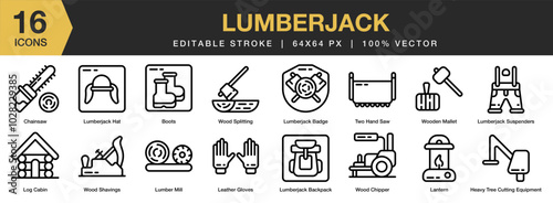 Lumberjack icon set. Editable Stroke Icon Collection. Includes wooden mallet, splitting, shavings, chipper, saw, and More. Outline icons vector collection.