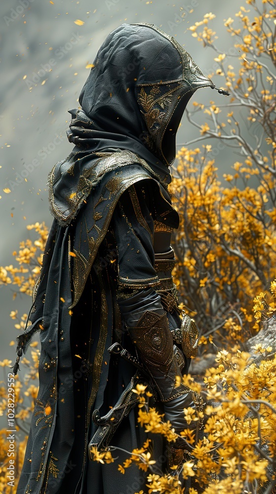 Naklejka premium Mysterious Hooded Figure in a Golden Forest