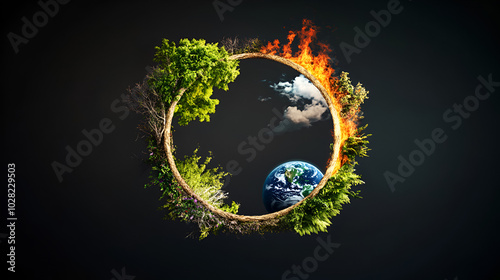 The four elements of nature in a breathtaking creative design. All four elements forming a circular shape. Earth, wind, fire, air, water. Dramatic dark background emphasizing the elements in the cente