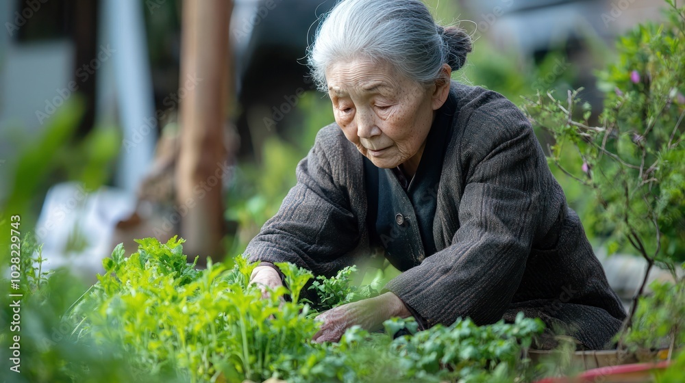 An elderly woman harvesting herbs in a traditional Asian garden, using knowledge passed down through generations to select medicinal plants, her gentle movements reflecting years of experience An elderly woman harvesting herbs in a traditional Asian garden, using knowledge passed down through generations to select medicinal plants, her gentle movements reflecting years of experience