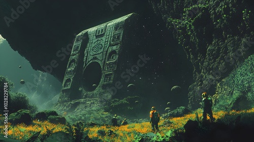 A group of explorers discovering an ancient, alien ruin on a distant planet, strange symbols and structures covered in alien vegetation 