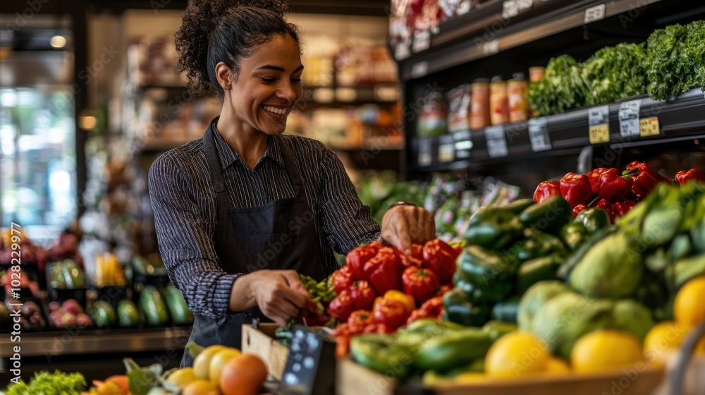 A cashier at a grocery store, ringing up fresh produce and interacting with a customer, creating a seamless and pleasant shopping experience A cashier at a grocery store, ringing up fresh produce and interacting with a customer, creating a seamless and pleasant shopping experience