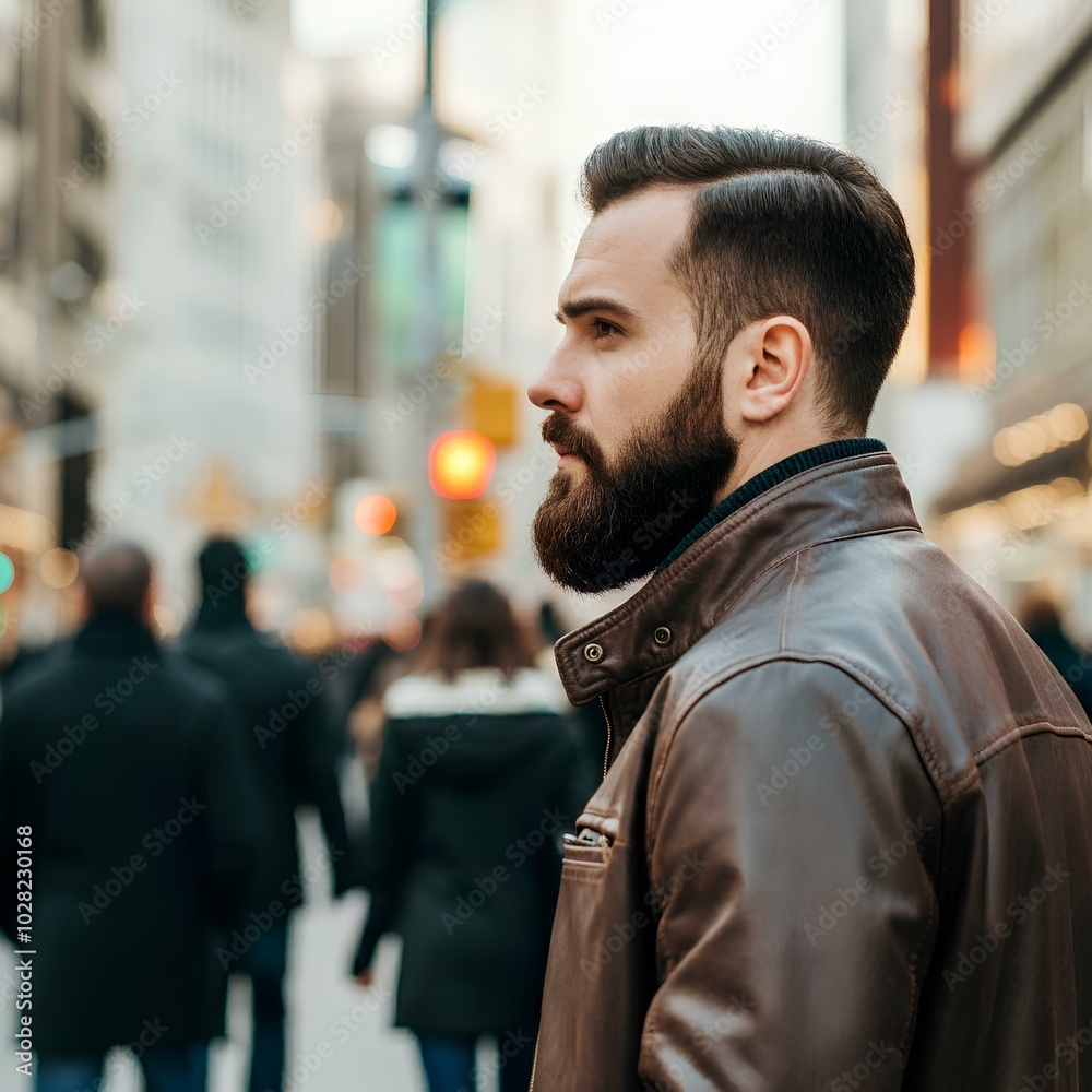 A bearded man in a brown leather jacket stands in a busy city street, looking serious. A bearded man in a brown leather jacket stands in a busy city street, looking serious.