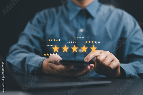 Online customer satisfaction Survey service concept, client rate service from experience in application,Consumer give five-Stars and feedback review for quality, Business reputation ranking from buyer