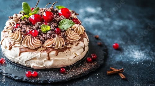 Meringue pavlova cake with chestnut cream on blue stone background : Generative AI photo