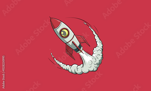Cartoon rocket launching into space with smoke trail.