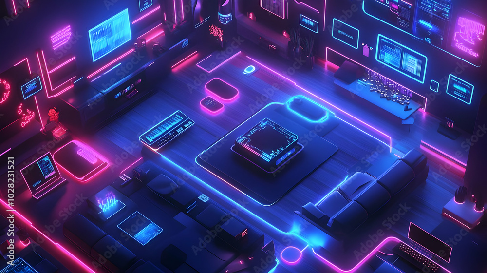 Futuristic Neon Living Room. Futuristic Neon Living Room.