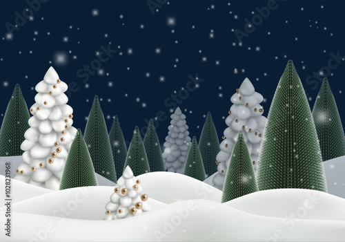 3d snowy white winter background. Snowflakes flow in blue sky to forest landscape. Gold cartoon vector merry cristmas scene, decor pine on hills. Happy new year fir trees with golden xmas ornaments.