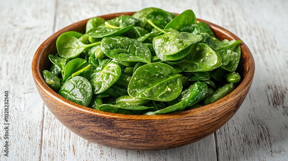 Broccoli baby spinach and green beans salad in ceramic bowl with olive oil on a white wooden background Copy space : Generative AI