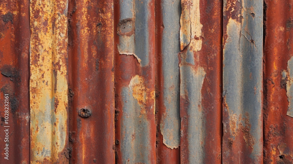 Closeup of a Rusty Corrugated Metal Sheet with Flaking Paint Closeup of a Rusty Corrugated Metal Sheet with Flaking Paint