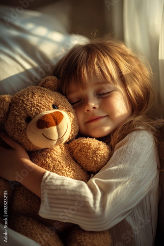 Peaceful sleep of a child embracing a teddy bear in warm sunlight