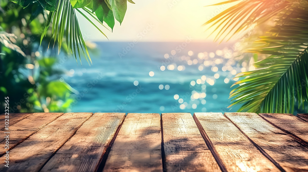 Wooden Plank Tabletop with Tropical Foliage and Blurry Ocean Background. Wooden Plank Tabletop with Tropical Foliage and Blurry Ocean Background.