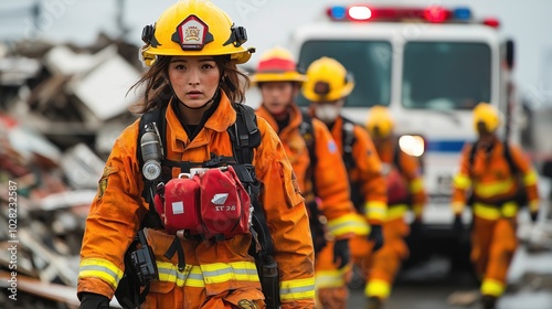 Emergency Medical Response Team in Action. Emergency medical response team navigates a disaster scene, showcasing bravery and teamwork while engaging in rescue operations and providing vital support.