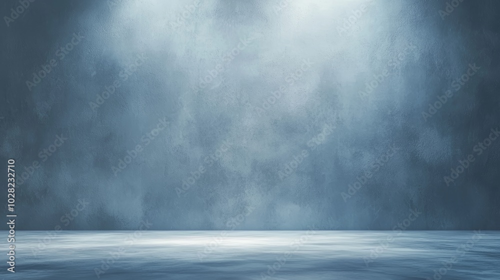 Dramatic illumination, dark blue room bathed in a single light beam from above Dramatic illumination, dark blue room bathed in a single light beam from above