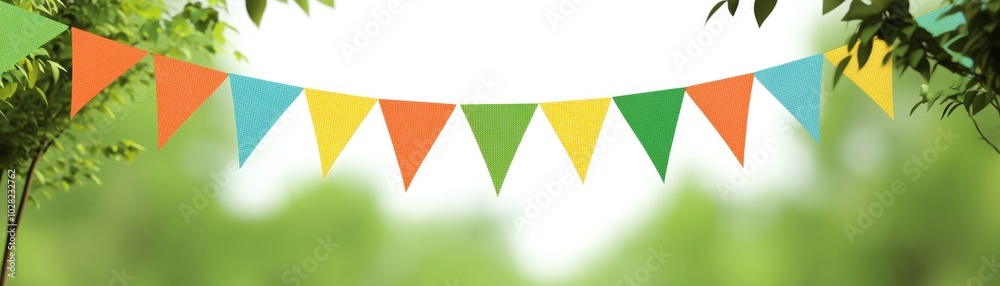 Fototapeta premium Colorful bunting banner adds festive cheer to outdoor celebration with lush tree backdrop