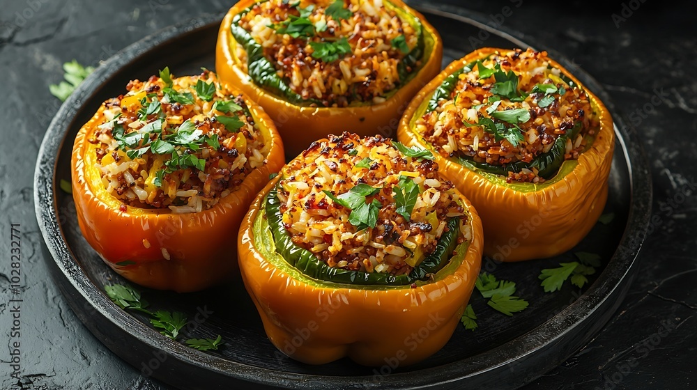 Baked stuffed bell peppers filled with spelt wheat rice vegetables on a dark plate stone background : Generative AI Baked stuffed bell peppers filled with spelt wheat rice vegetables on a dark plate stone background : Generative AI