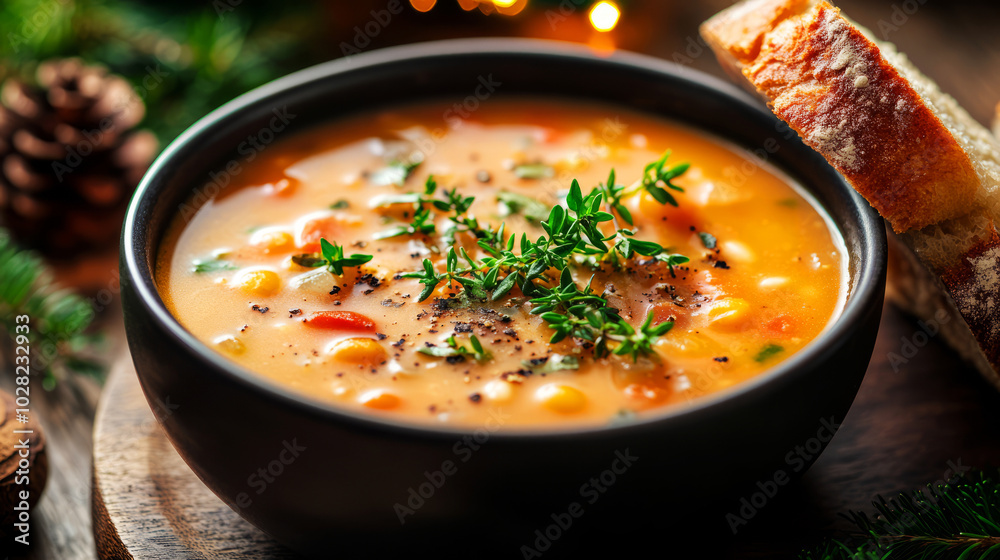 Hearty Christmas Soup in Steaming Bowl Close-Up Hearty Christmas Soup in Steaming Bowl Close-Up