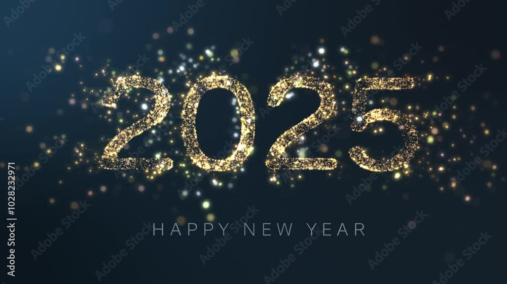 Dust particles form 2025 Happy New Year, Gold  particles on dark blue background.