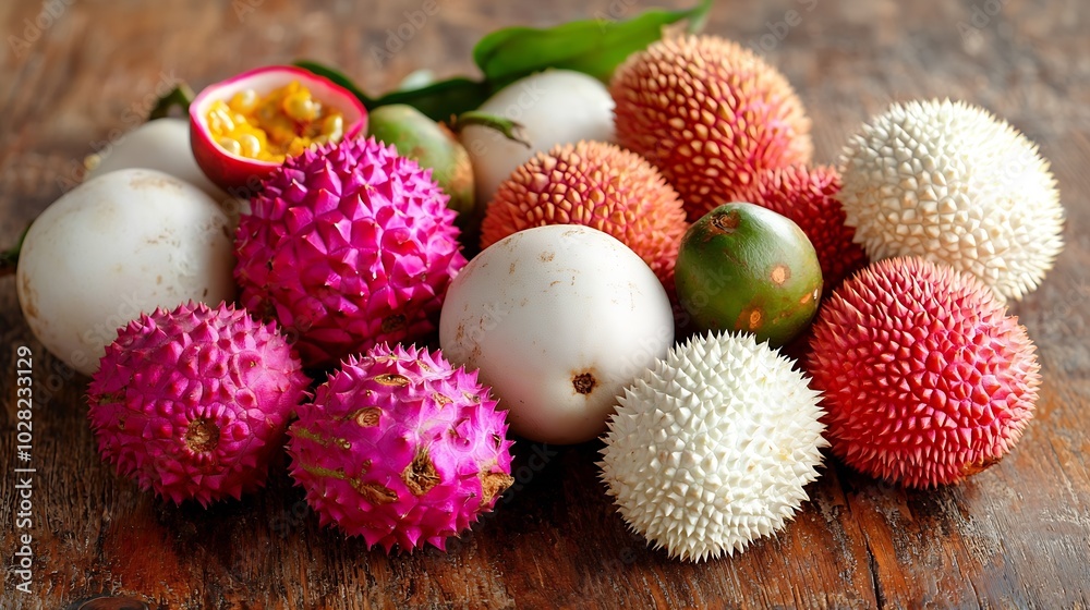 Assortment of tropical exotic fruits dragon fruit bananas passion fruit longan rambutan on a wooden background : Generative AI Assortment of tropical exotic fruits dragon fruit bananas passion fruit longan rambutan on a wooden background : Generative AI