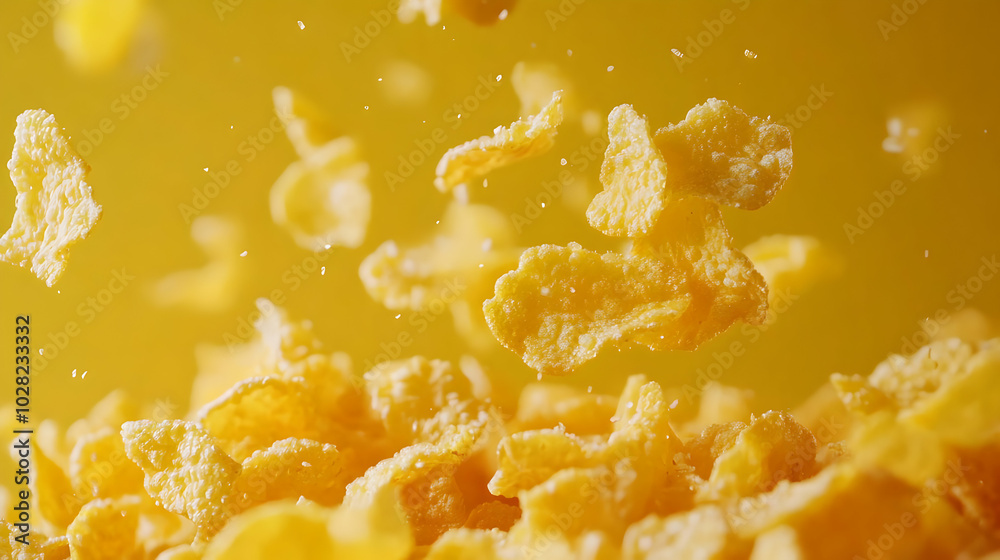 Cornflakes Falling in Slow Motion on Yellow Background. Cornflakes Falling in Slow Motion on Yellow Background.
