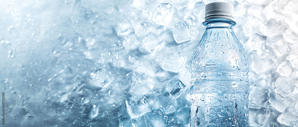 A single bottle of water surrounded by ice cubes. A single bottle of water surrounded by ice cubes.