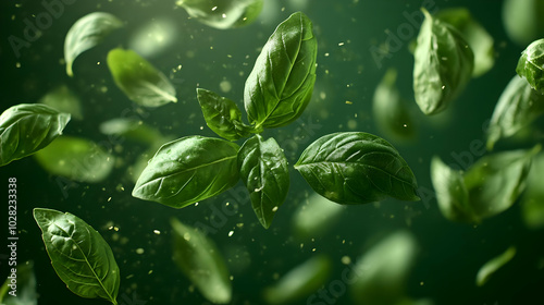 Basil leaves falling in green background.