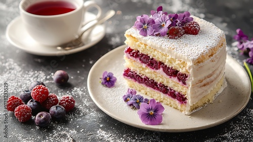 Raspberry layerd cake decorated with violet edible flowers and tea cup Grey stone background : Generative AI photo