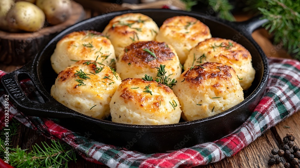 Traditional Scottish tattie potato scones in cast iron pan Plaid fabric napkin background Close up : Generative AI Traditional Scottish tattie potato scones in cast iron pan Plaid fabric napkin background Close up : Generative AI