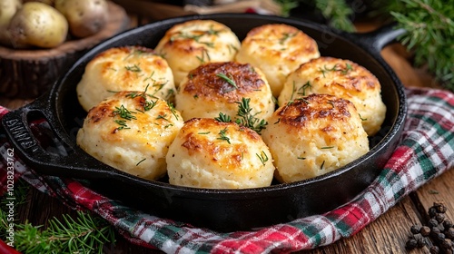 Traditional Scottish tattie potato scones in cast iron pan Plaid fabric napkin background Close up : Generative AI